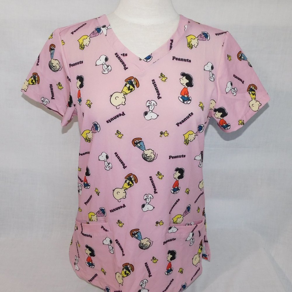 Peanuts Gang Snoopy Charlie Brown Pink Short Sleeve Scrub Shirt Top Womens S